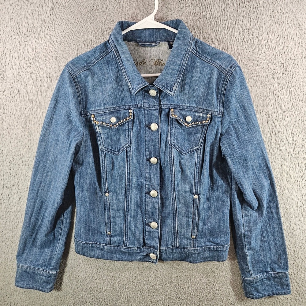 Code Bleu Womens Medium Wash Studded Denim Trucker Jacket Blue Size M Stretch